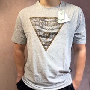 Pánské tričko GUESS – šedé s ikonickým trojúhelníkovým logem